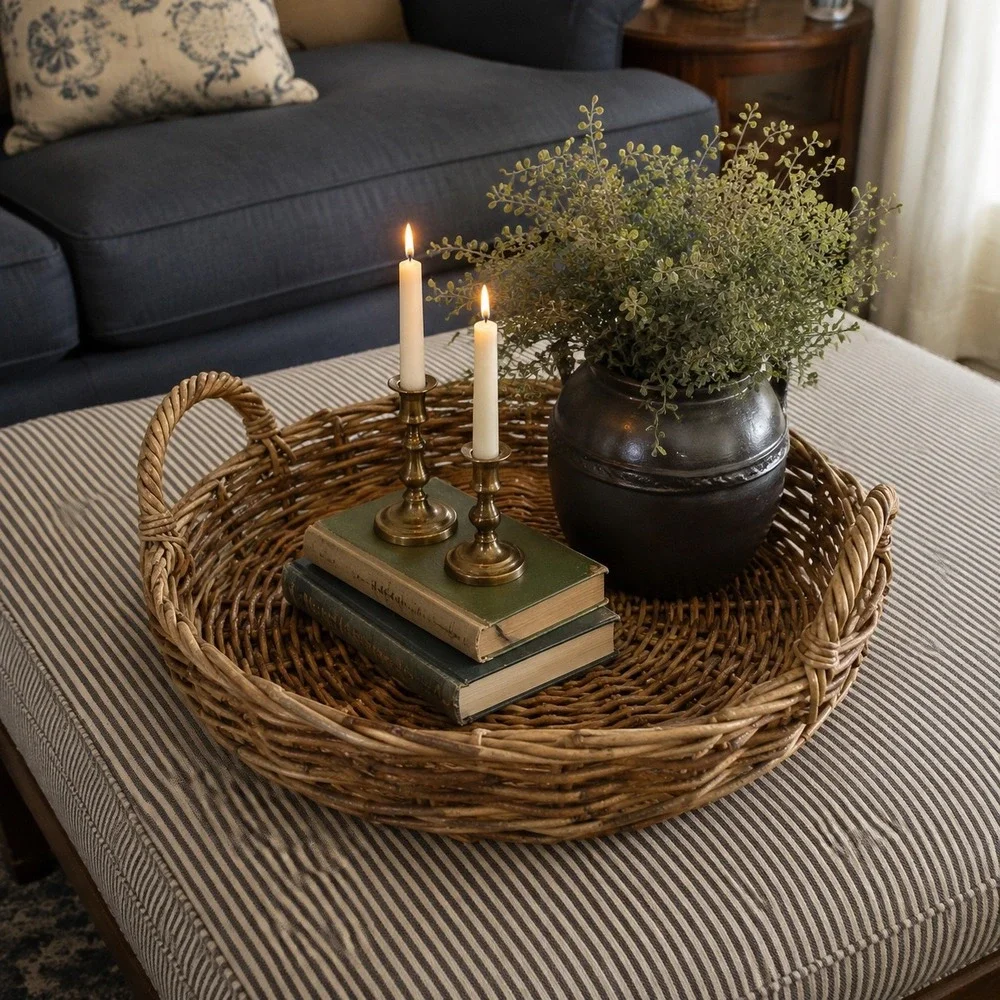 Vintage Large Round Wicker Tray Basket 18 Inch Handled Ottoman Coffee Table